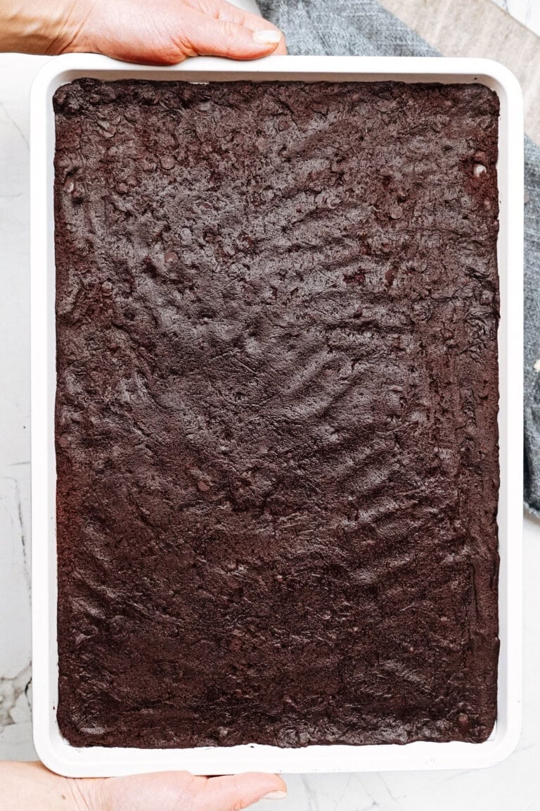 Hands holding a rectangular tray of freshly baked chocolate brownies with a textured surface.