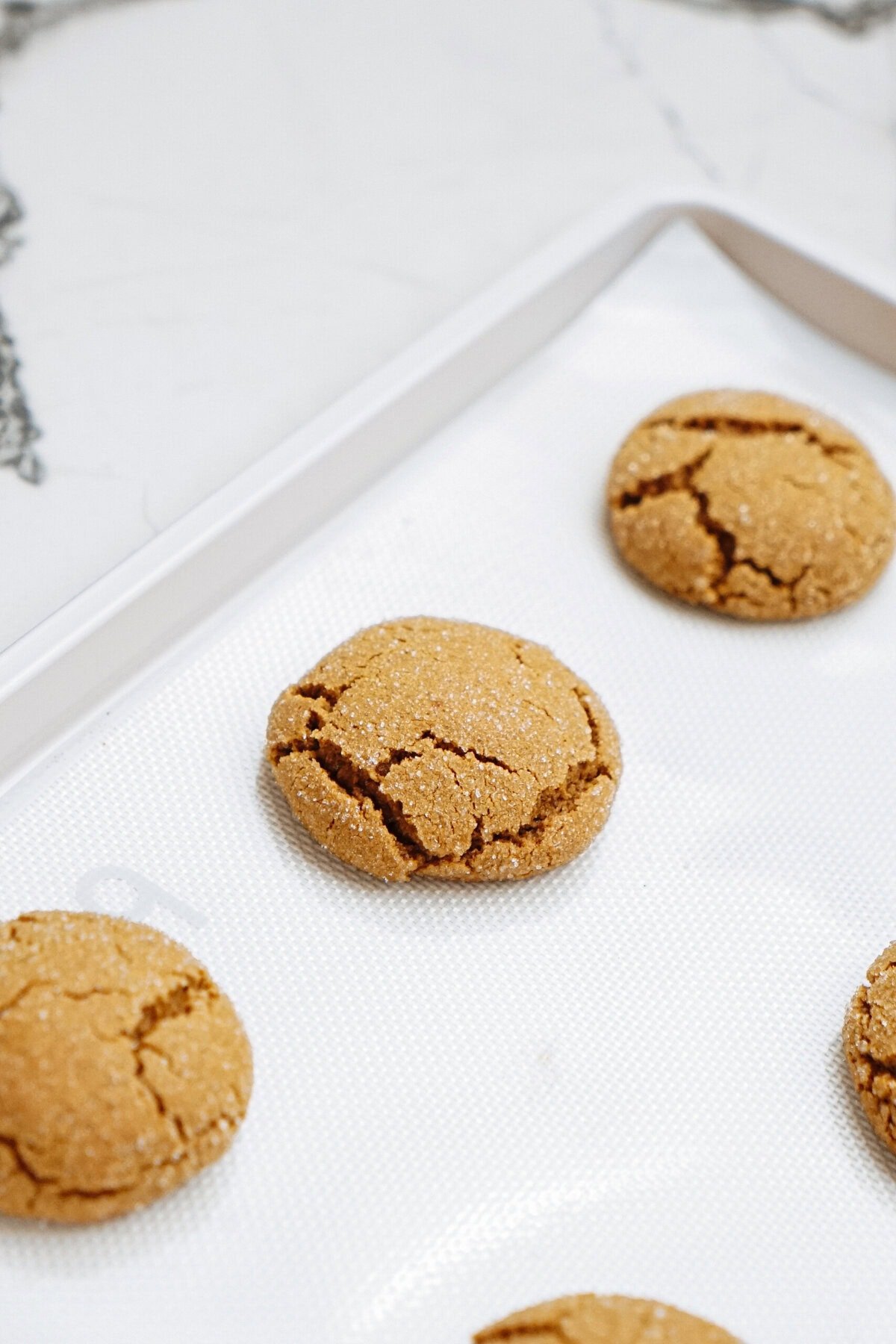 A baking tray showcases five cracked ginger cookies on a parchment sheet, evoking the rustic charm of homemade treats. Nearby, the aroma of freshly baked hazelnut shortbread mingles beautifully, creating a warm and inviting kitchen ambiance.