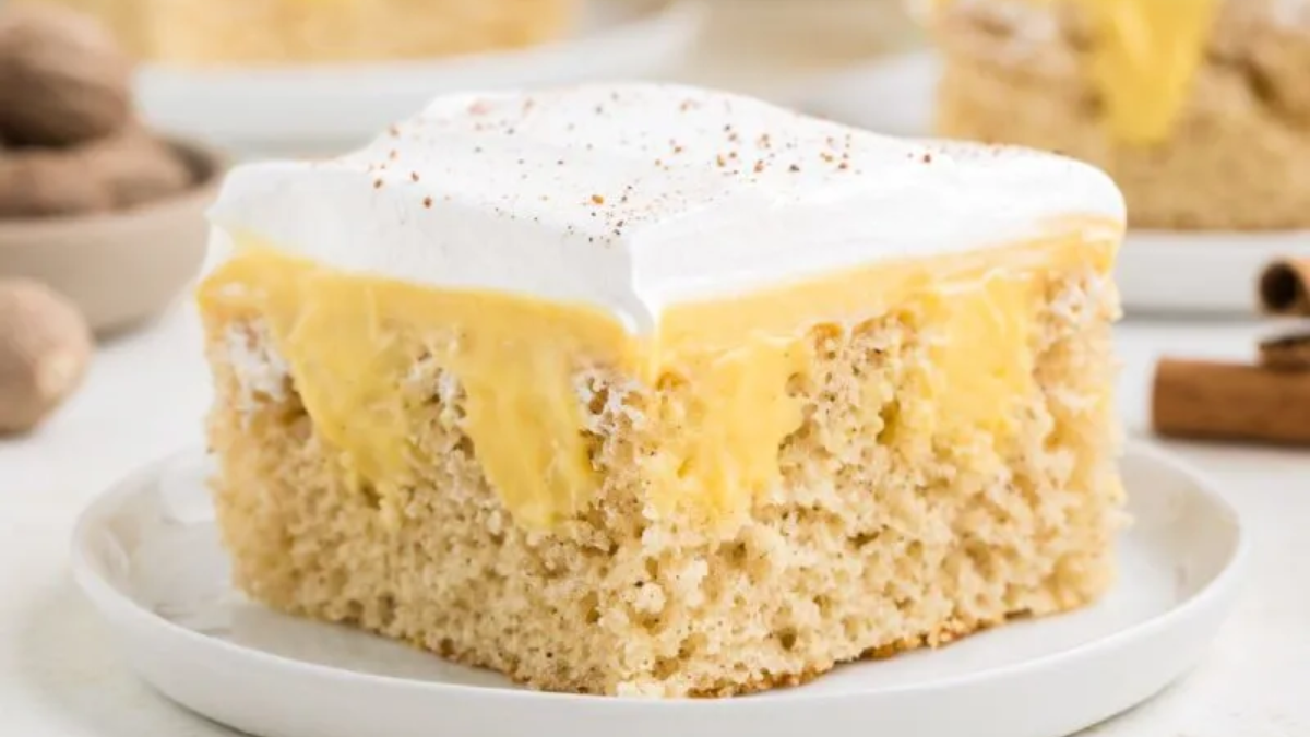 Eggnog Poke Cake. Photo credit Semi Homemade Kitchen.