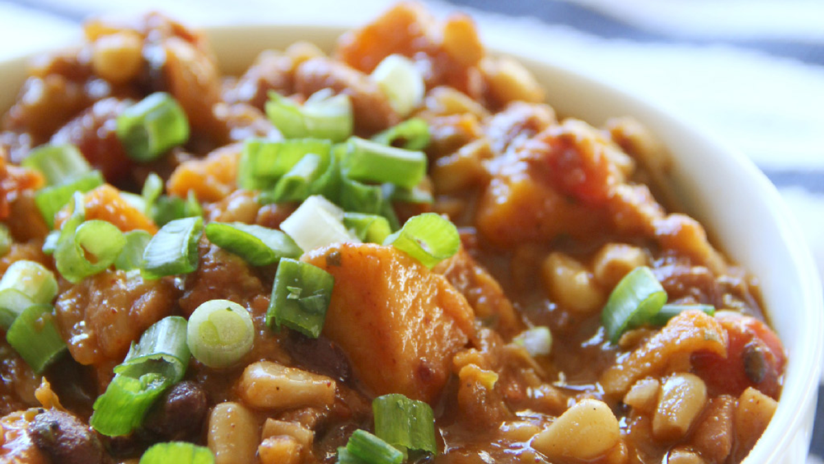 Slow Cooker Vegetarian Chili with Sweet Potatoes. Photo credit Southern Food and Fun.