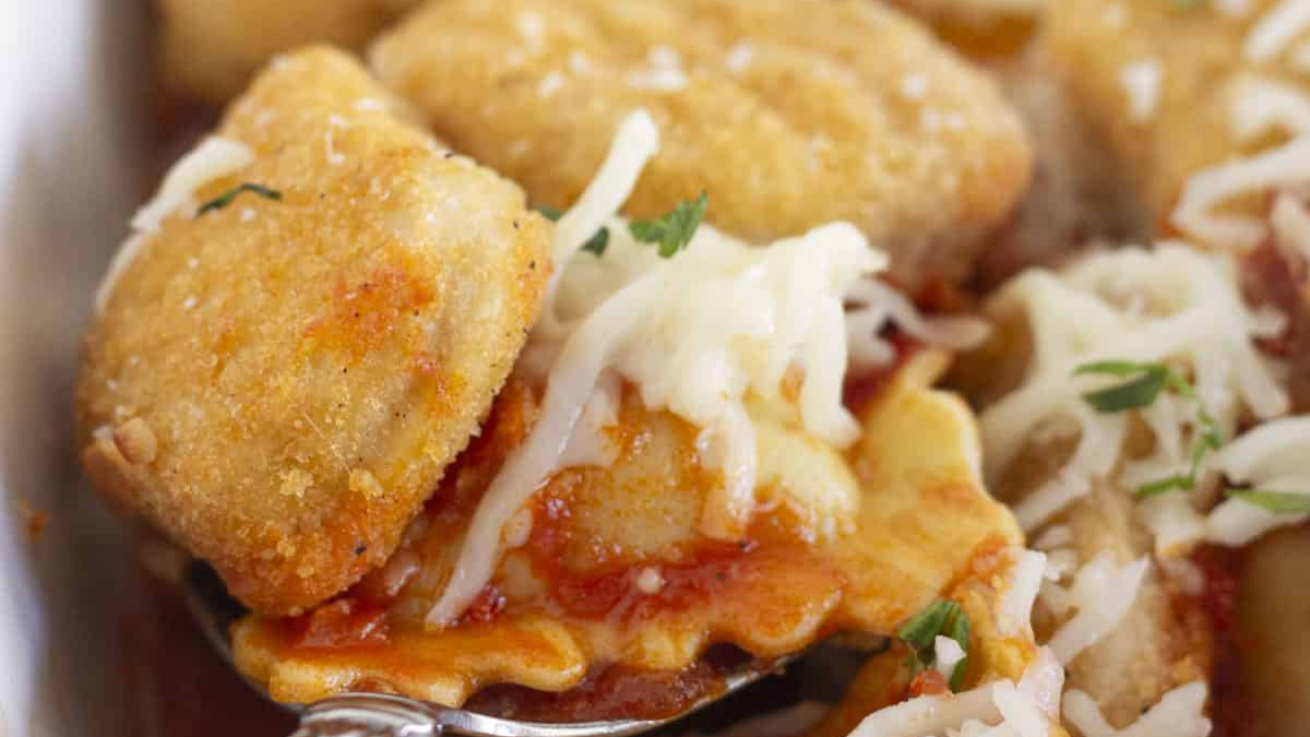 Super Easy Chicken Parm Ravioli Bake. Photo credit Practically Homemade.