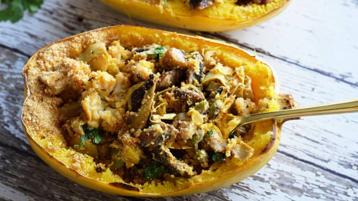 Vegetarian Spaghetti Squash Casserole Boats. Photo credit Bucketlist Tummy.