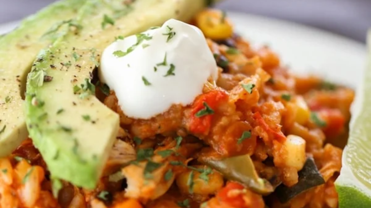 Crockpot Chicken Enchilada Casserole. Photo credit Lauren's Latest.