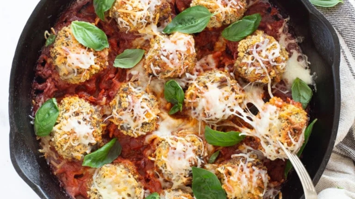 Cheesy Baked Chicken Parmesan Meatballs Recipe. Photo credit Intentional Hospitality.