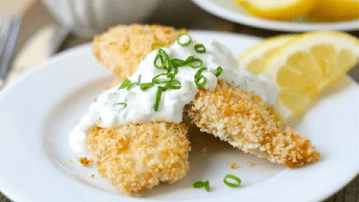 Healthy Fish Sticks Recipe With Cucumber Dill Sauce. Photo credit Lauren's Latest.