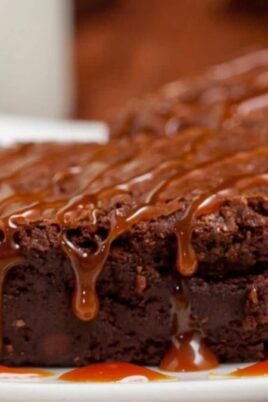 Dark Chocolate Brownies (with Salted Caramel on a plate)