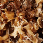 One Pan Pasta With Italian Sausage, Onions And Apples. Photo credit Butter and Baggage.