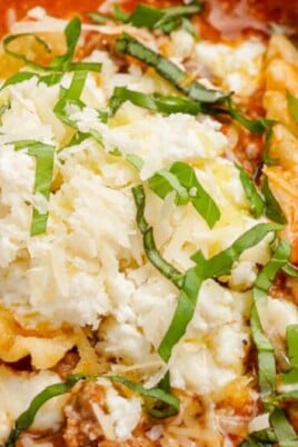 lasagna soup in bowl with spoon on tablescape