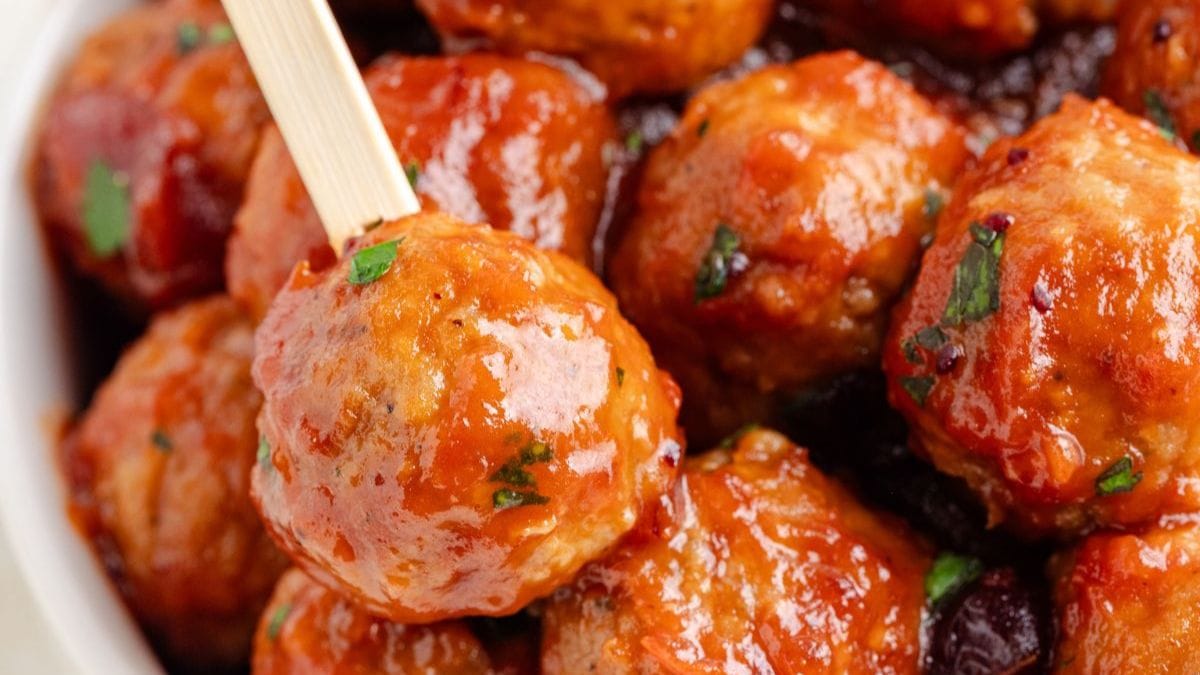 3 Ingredient Cranberry Meatballs. Photo credit Semi Homemade Kitchen.