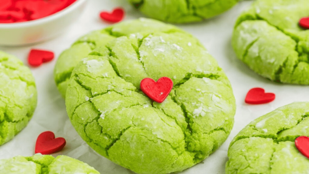 Grinch Crinkle Cake Mix Cookies. Photo credit Semi Homemade Kitchen.