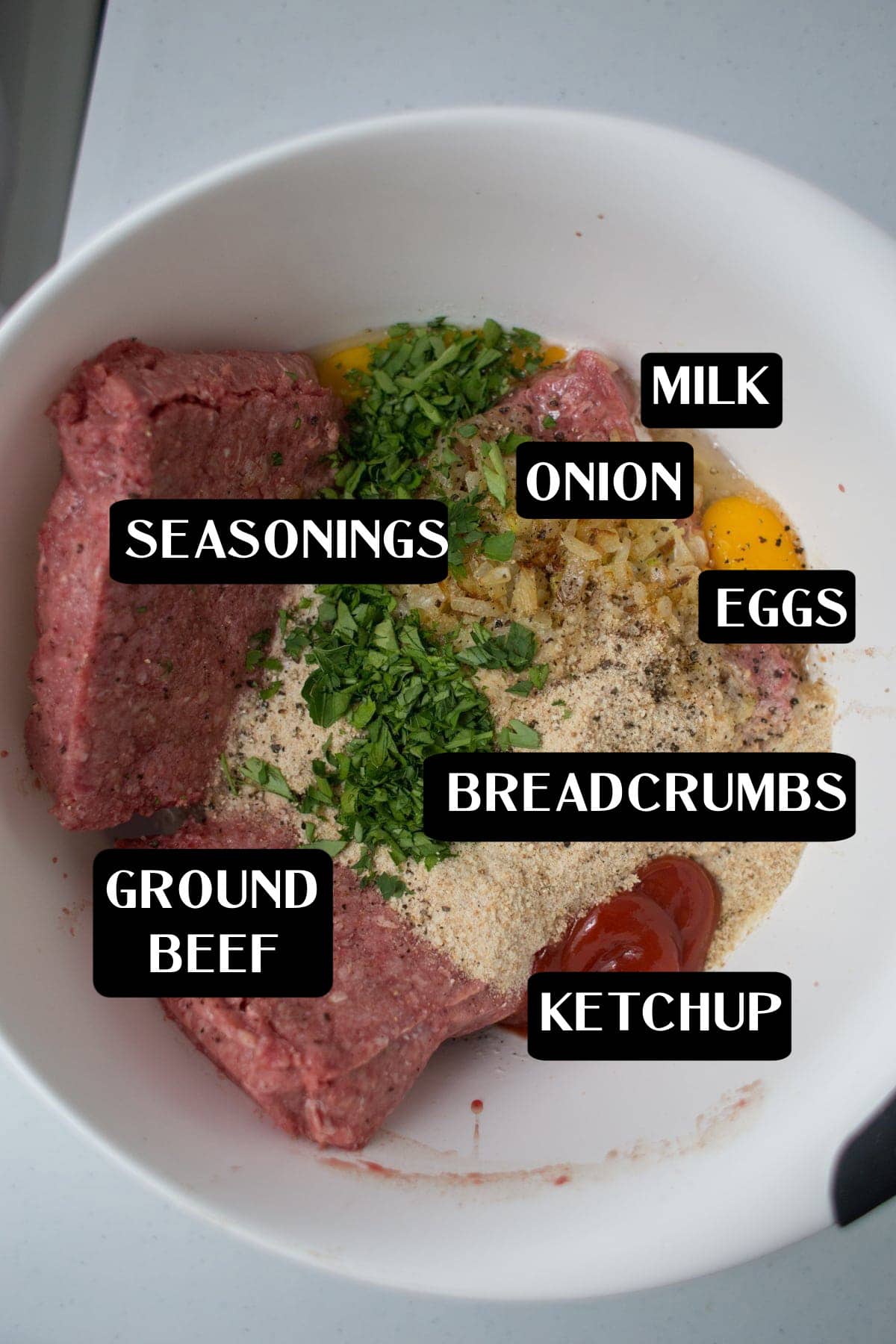 Meatloaf Ingredients A bowl containing ground beef, breadcrumbs, eggs, onion, milk, ketchup, and seasonings—each ingredient labeled with text from a classic Moist Meatloaf Recipe.