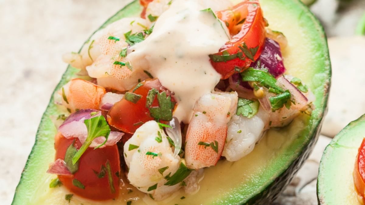 Stuffed Avocado Shrimp Salad (Peruvian Palta Rellena). Photo credit Chew Out Loud.