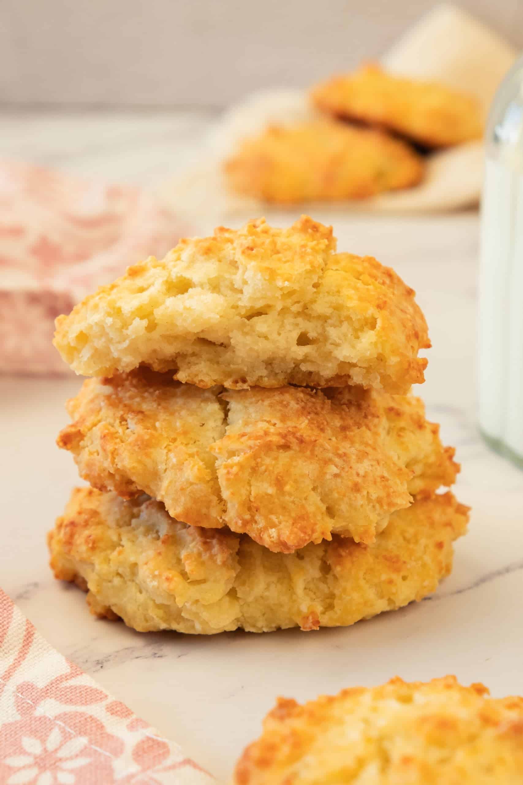 3 Butter Drop Biscuits stacked onto of each other