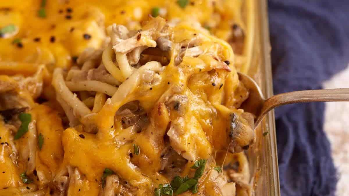 Creamy Chicken Tetrazzini Recipe With Rotisserie Chicken. Photo credit Butter and Baggage.