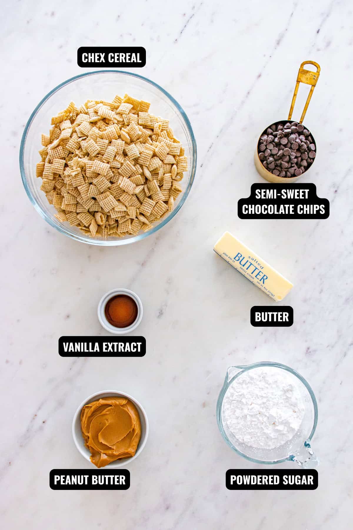 ingredients for puppy chow recipe including chex cereal, chocolate chips, butter, vanilla extract, peanut butter, and powdered sugar.