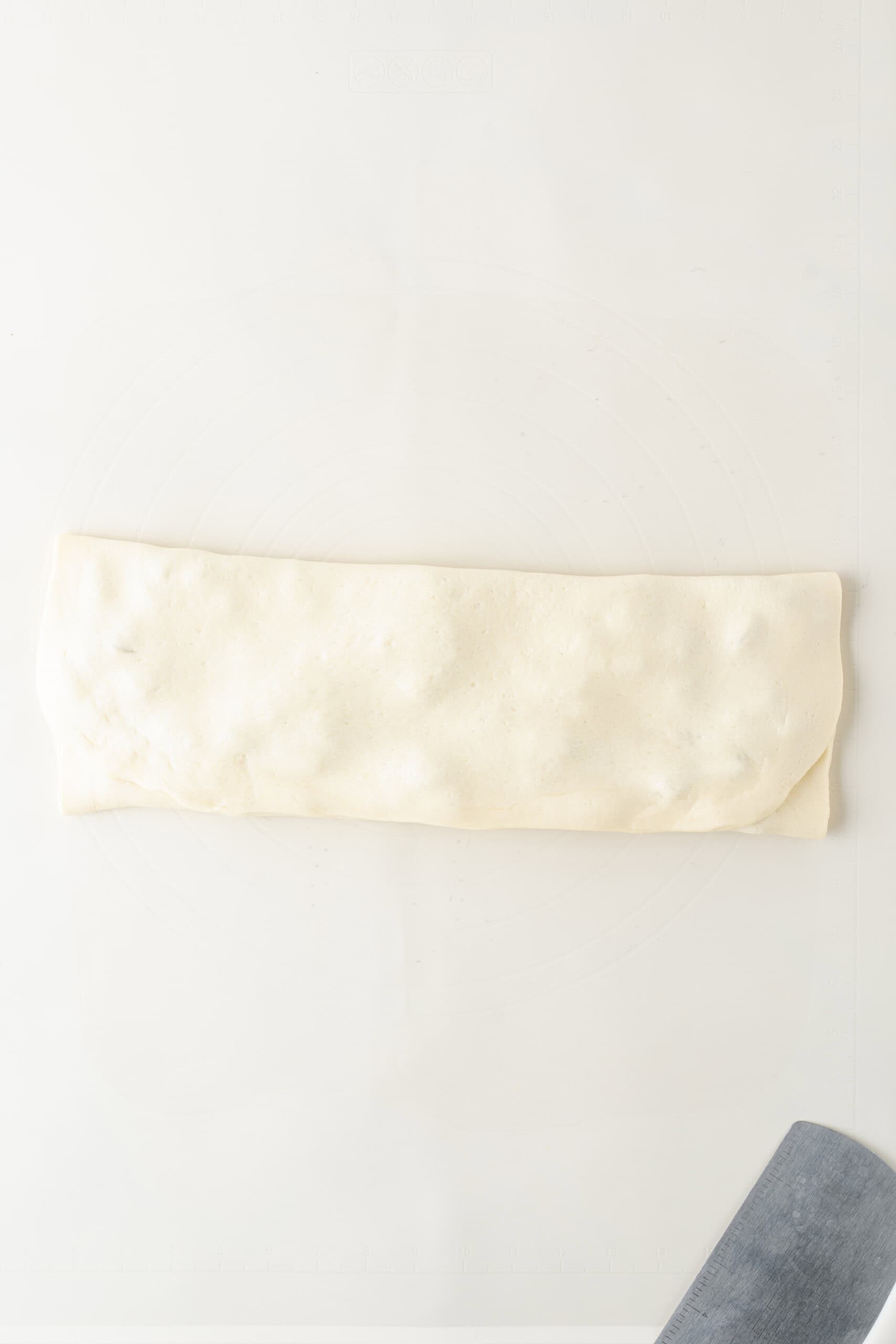 Dough folded into a long rectangle with apple filling inside.