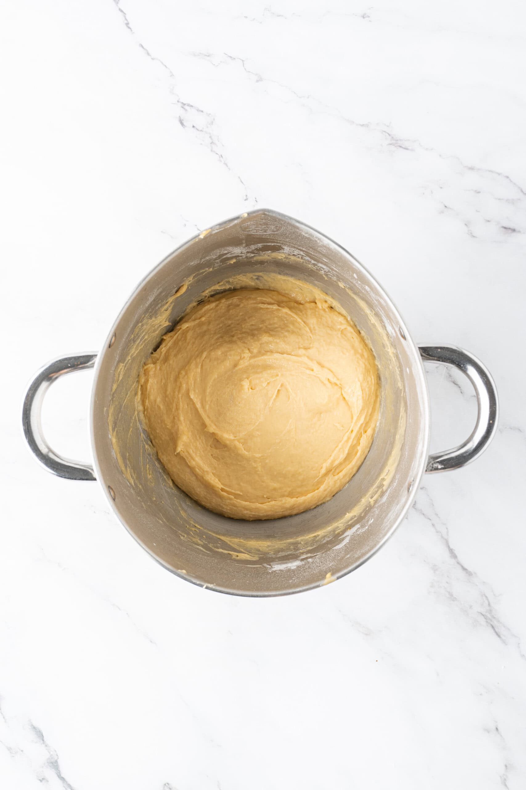 Smooth, fully mixed dough resting in a metal mixing bowl