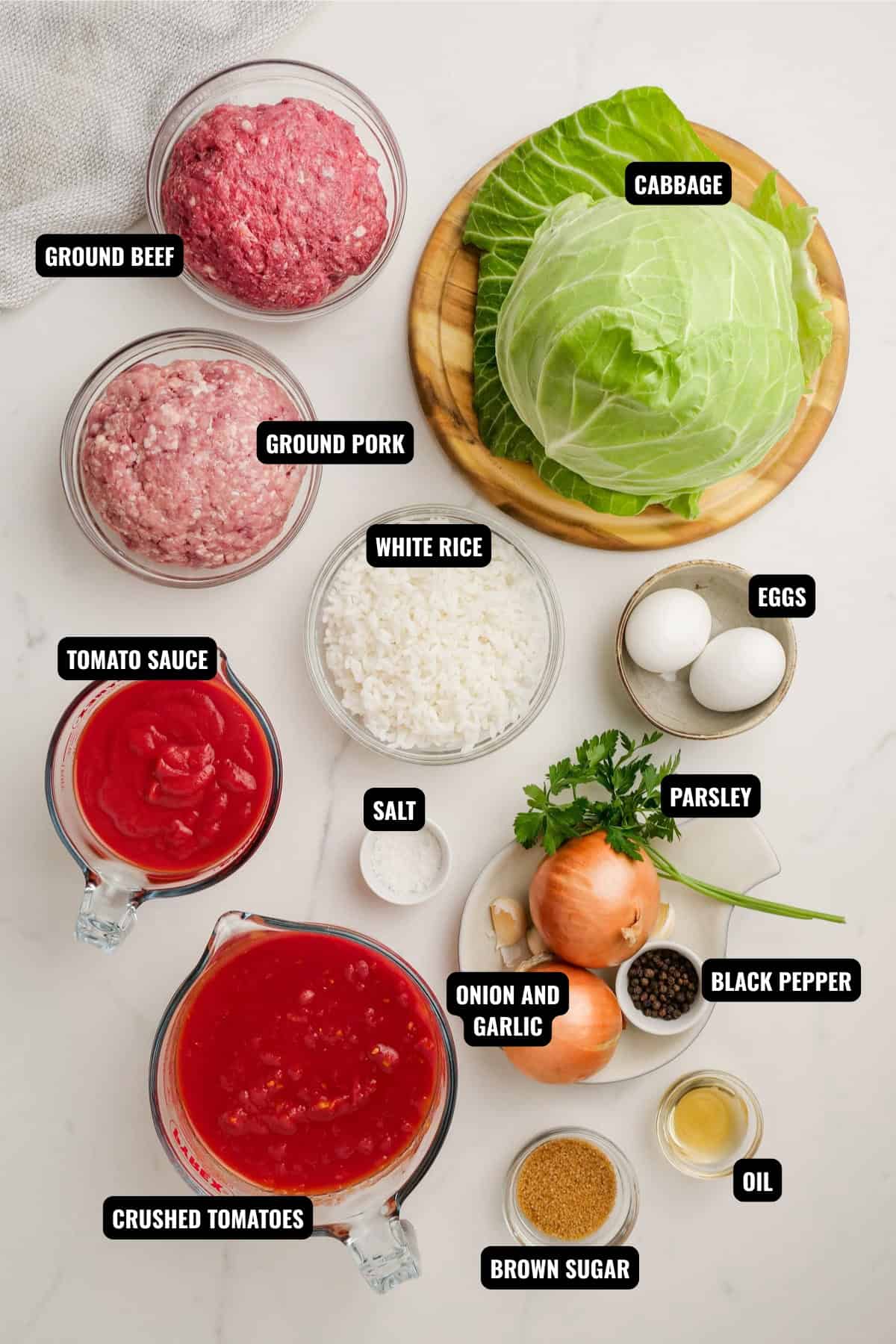 ingredients for cabbage rolls recipe including cabbage, ground beef and pork, tomato sauce, crushed tomatoes, eggs, rice, parsley, onions, garlic, black pepper, and sugar