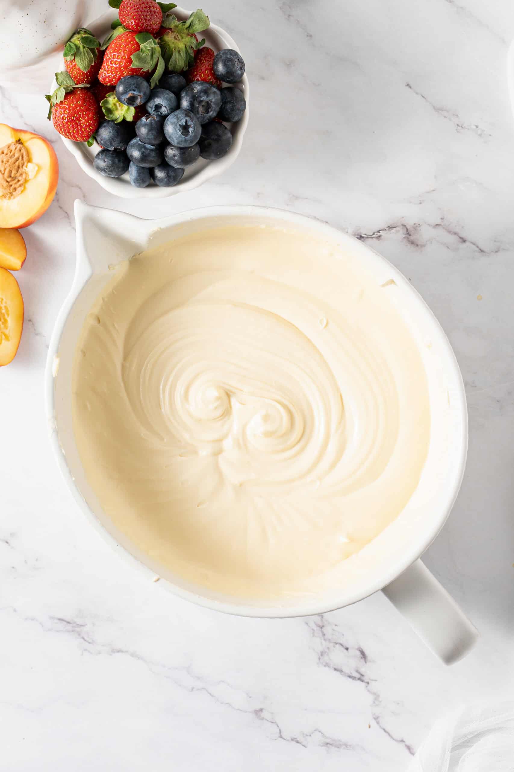 Finished cheesecake filling, mixed until smooth and creamy.