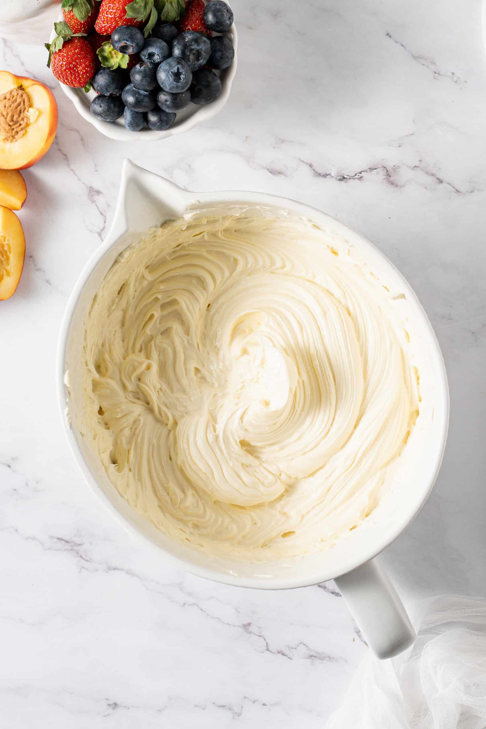 Smooth cheesecake filling mixed until creamy and lump-free