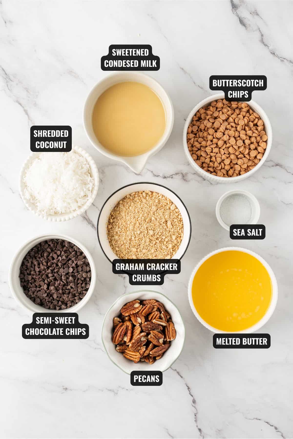 ingredients for magic bars recipe including graham cracker crumbs, butterscotch chips, semi-chocolate chips, shredded coconut, pecans, and butter