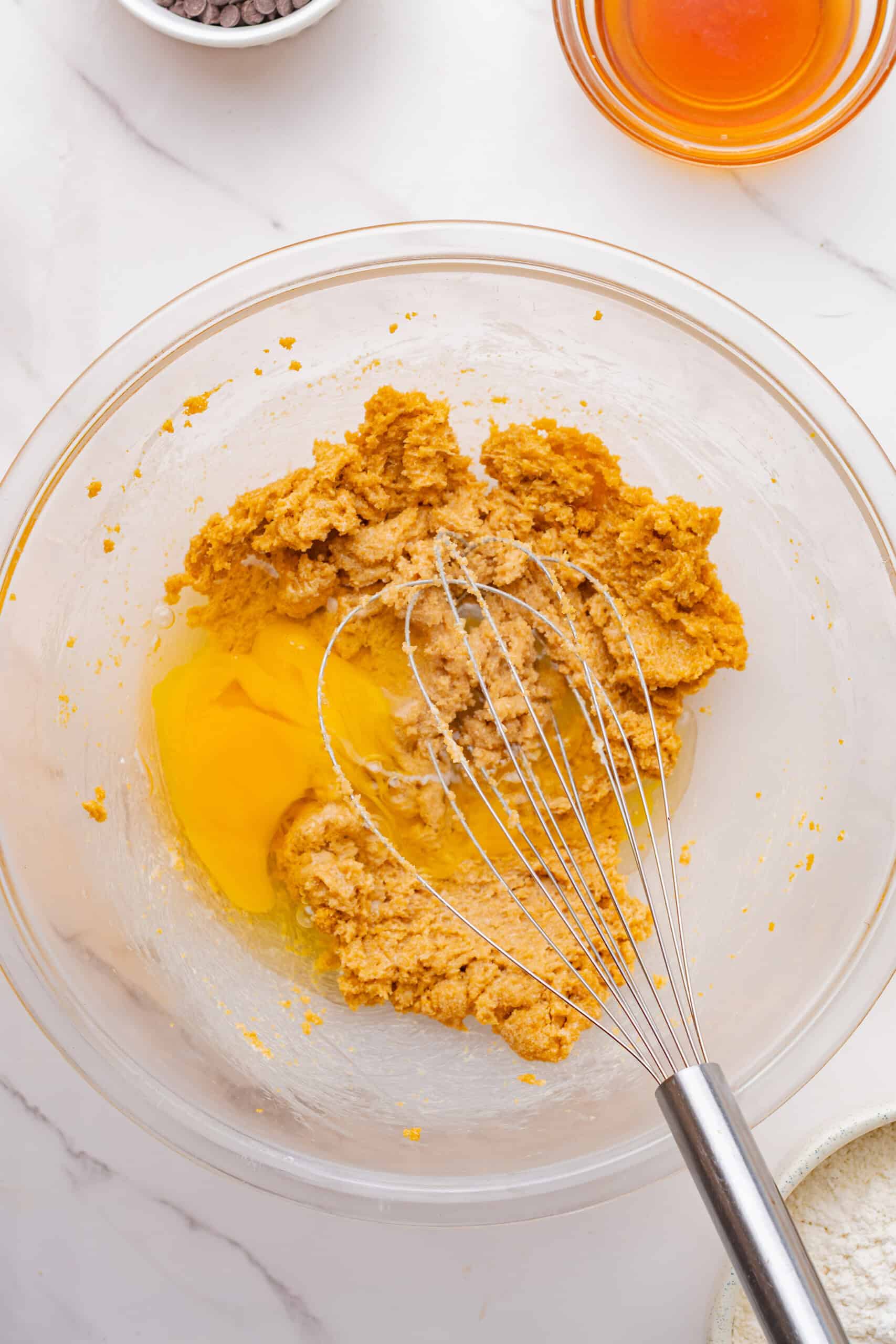 Egg added to the creamed butter and brown sugar mixture.