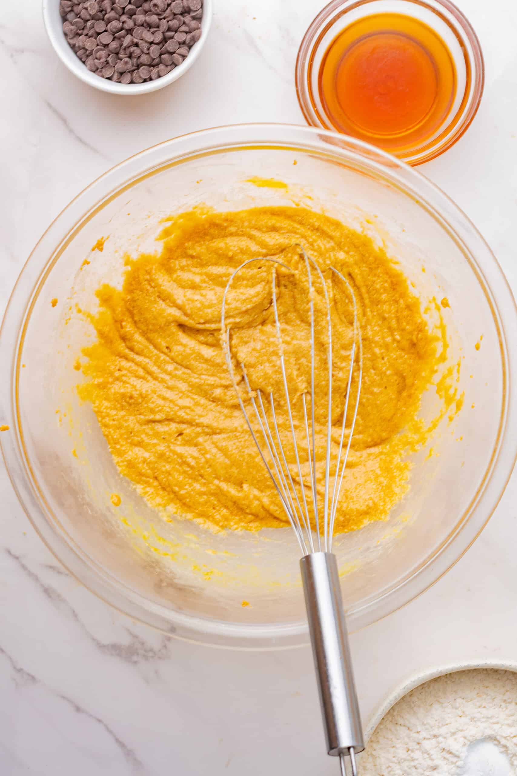 Egg mixed into the butter and brown sugar mixture.