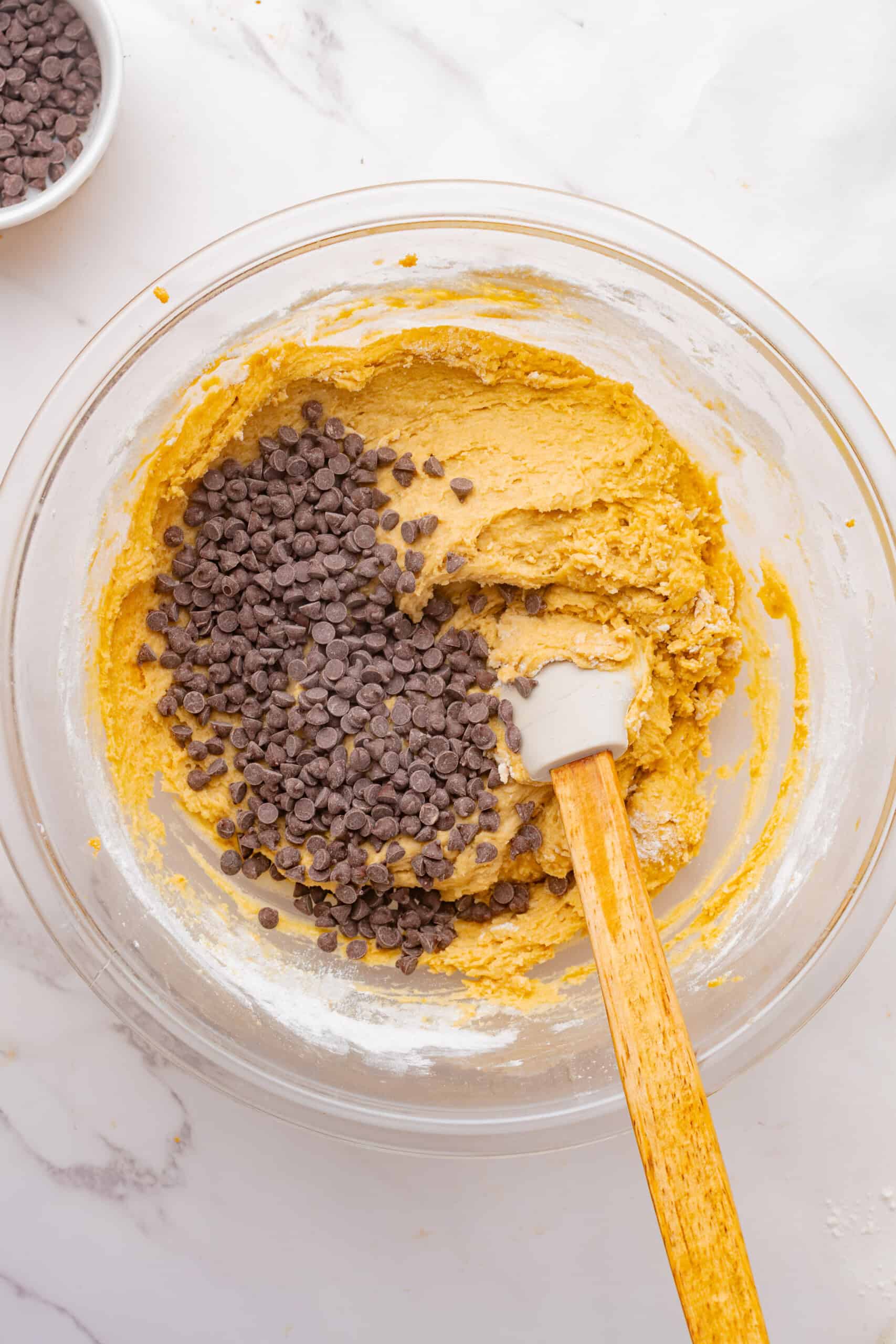 Chocolate chips added to the cookie dough.