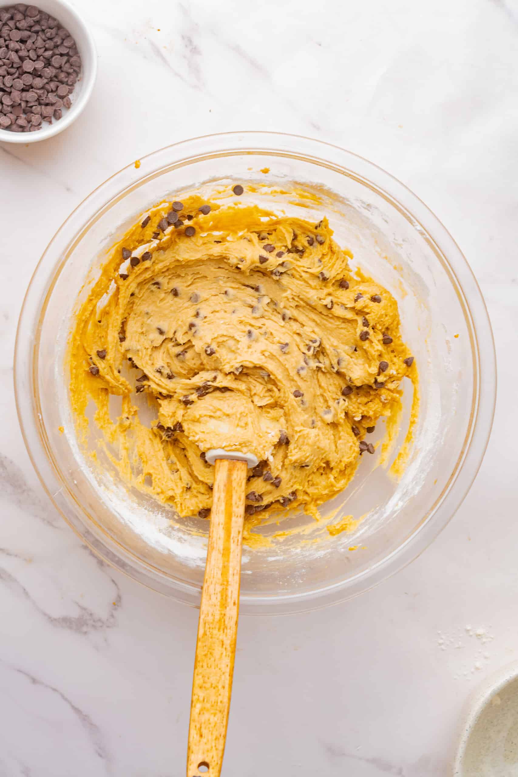 Chocolate chips mixed into the cookie dough.