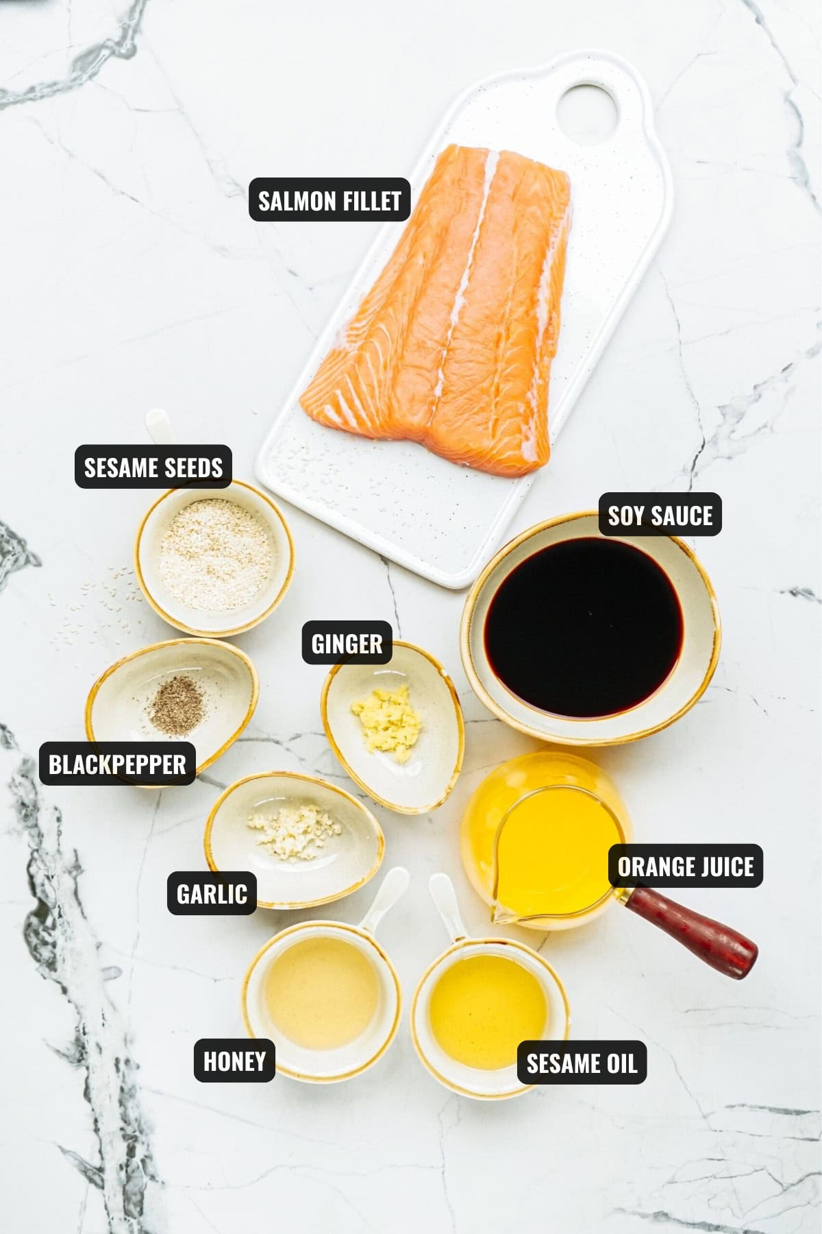 ingredients for asian baked salmon recipe including salmon fillet, sesame seeds, soy sauce, ginger, black pepper, garlic, ginger, orange juice, honey, sesame oil, and sesame seeds