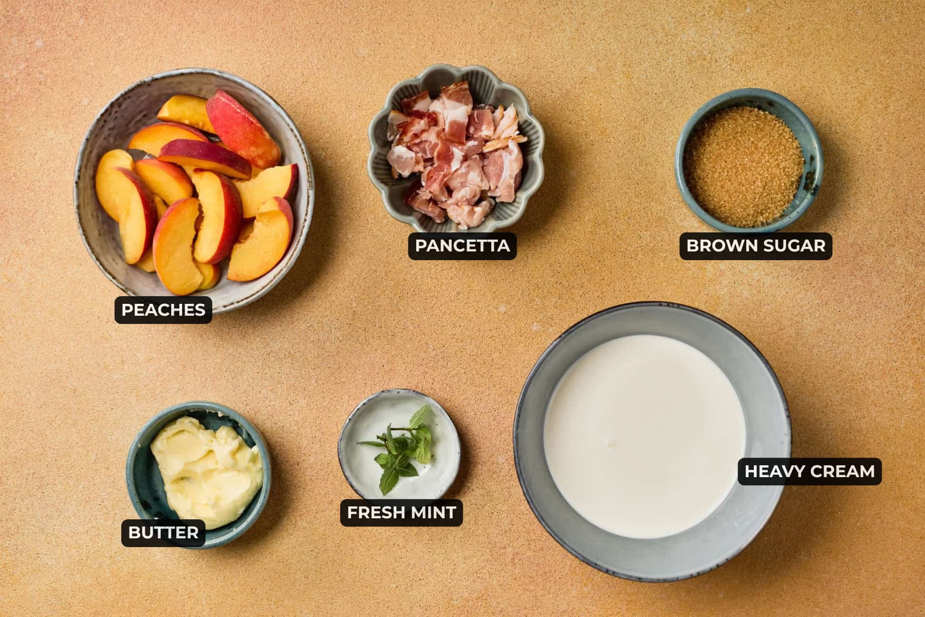 ingredients for pancake tacos filling including peaches, pancetta, brown sugar, heavy cream, butter, and mint