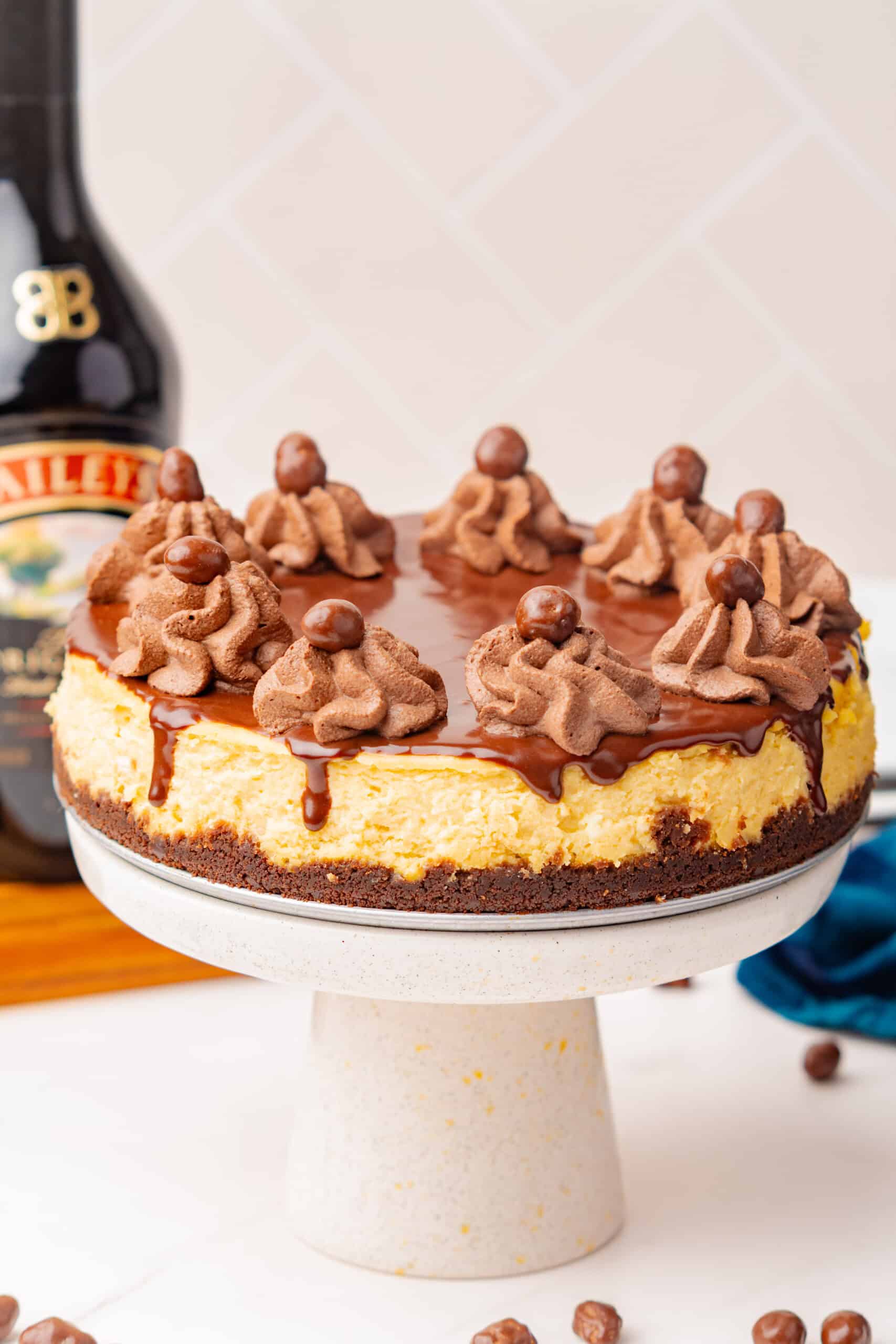 Baileys Irish cream cheesecake topped with chocolate ganache, chocolate whipped cream, and chocolate-covered candies.