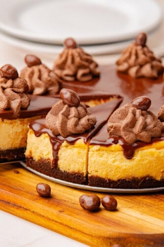 cheesecake sliced into wedges with chocolate ganache, chocolate whipped cream, and chocolate-covered candies.