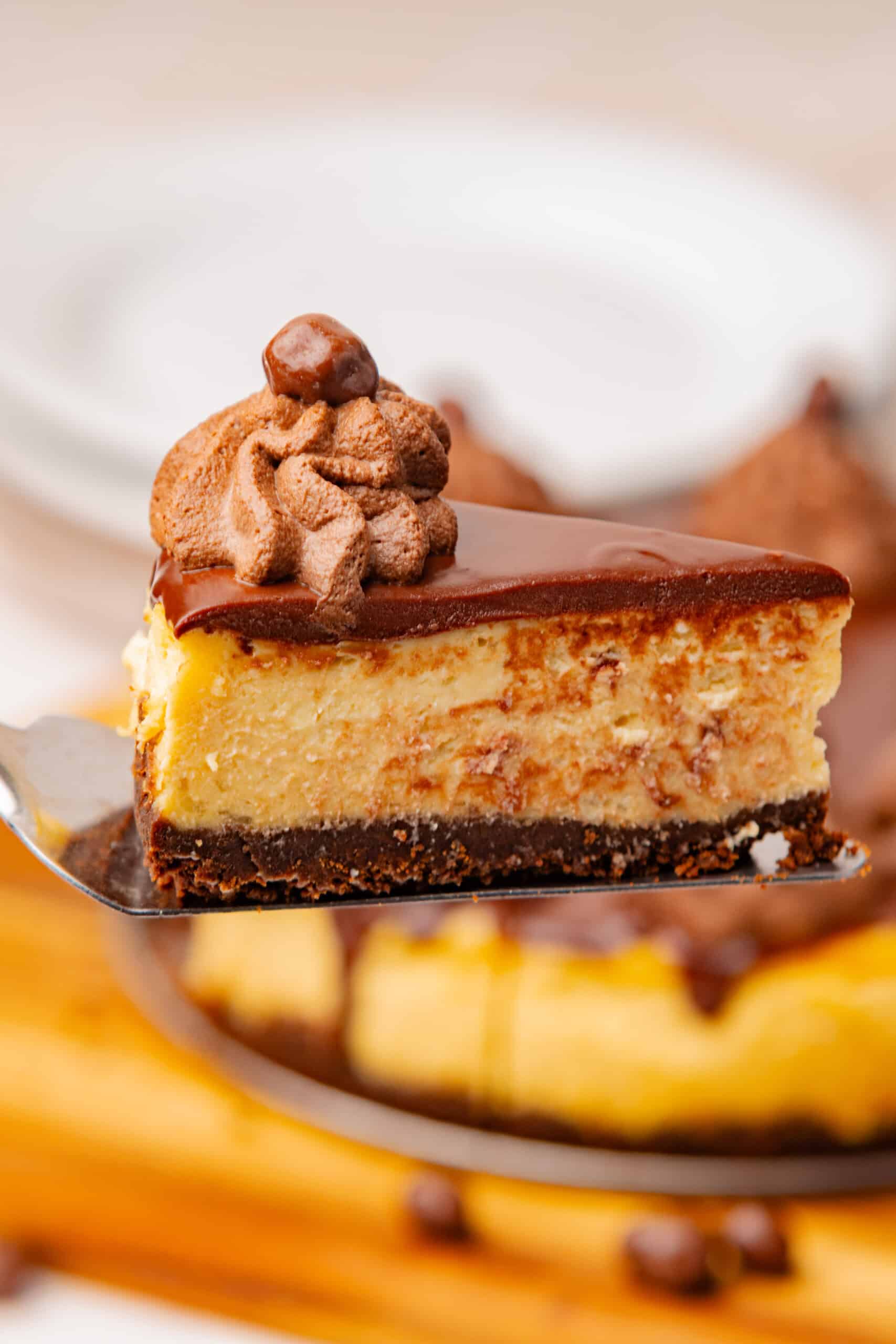 Slice of Irish cream cheesecake with chocolate ganache, chocolate whipped cream, and a chocolate cookie crust.
